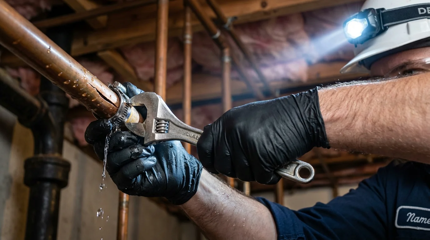 Emergency pipe clamp repair being performed by a Johns Plumbing LLC plumber in Etowah